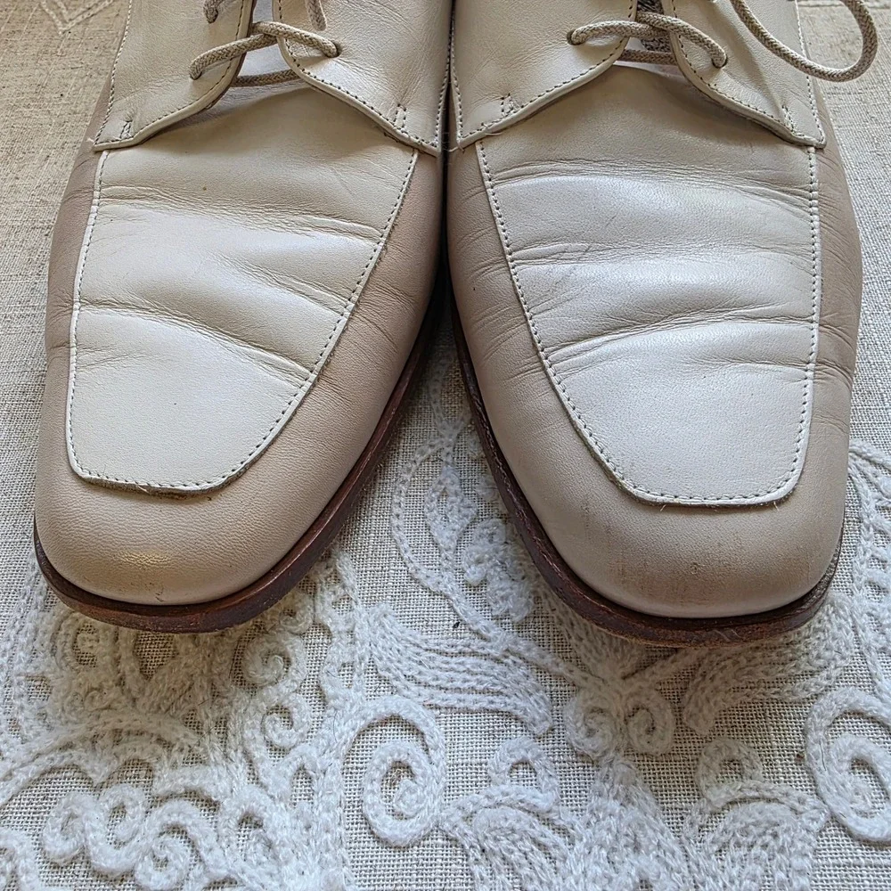 Amalfi Abby Italian Leather Oxford Shoes 7B Cream Beige Square Toe Lace Up Flats